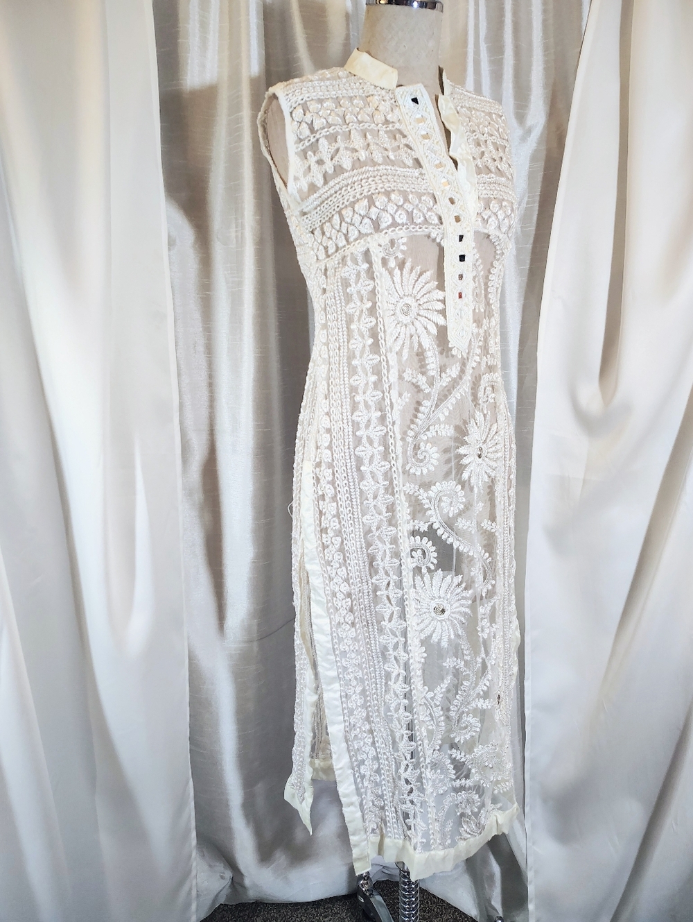 Ralph Lauren Silk Lace Coverup, Ivory+Metallic Silver,Sparkle Beads,Sleeveless,M